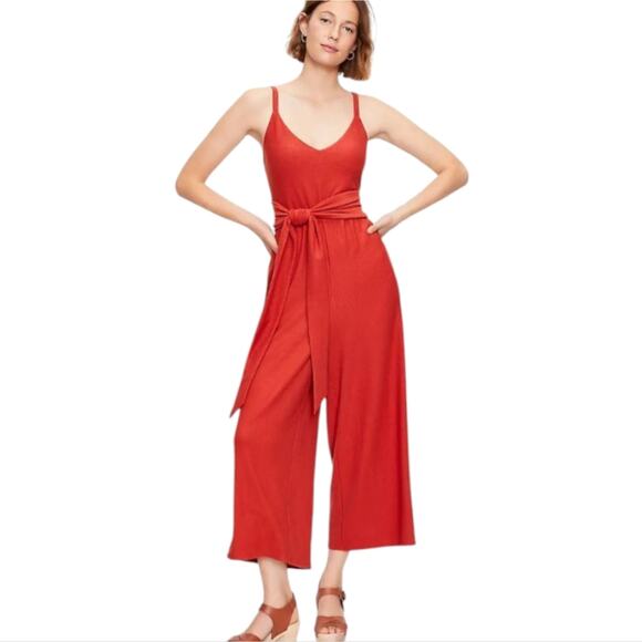 Loft Rust Red Orange Ribbed Sleeveless Tie-back Wrap Wide-Leg Jumpsuit Size XS - Picture 1 of 13
